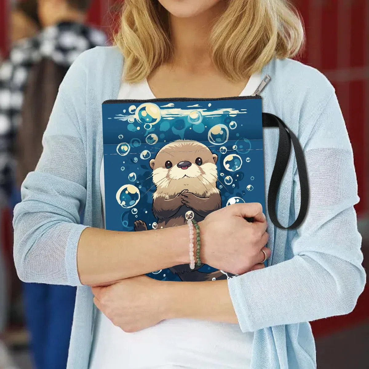 CRASPIRE Custodia per Libri Otters Protezione per Libri con Animali Marini Copertine per Libri Blu per Libri Tascabili Copertina per Libri In Tessuto Lavabile con Cerniera e Tasca Extra Sulla Manica