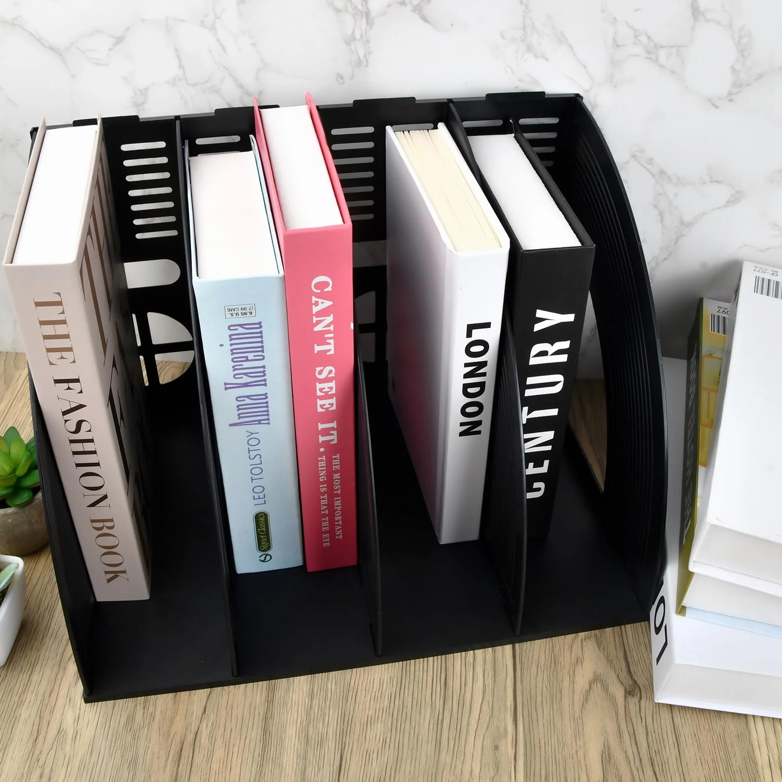 Porta Quaderni da Scrivania, Portariviste con 4 Scomparti, Portariviste da Scrivania Verticale, Robusto Organizer in Plastica per A4 Documenti, Porta Libri per Scuola, Ufficio, Casa