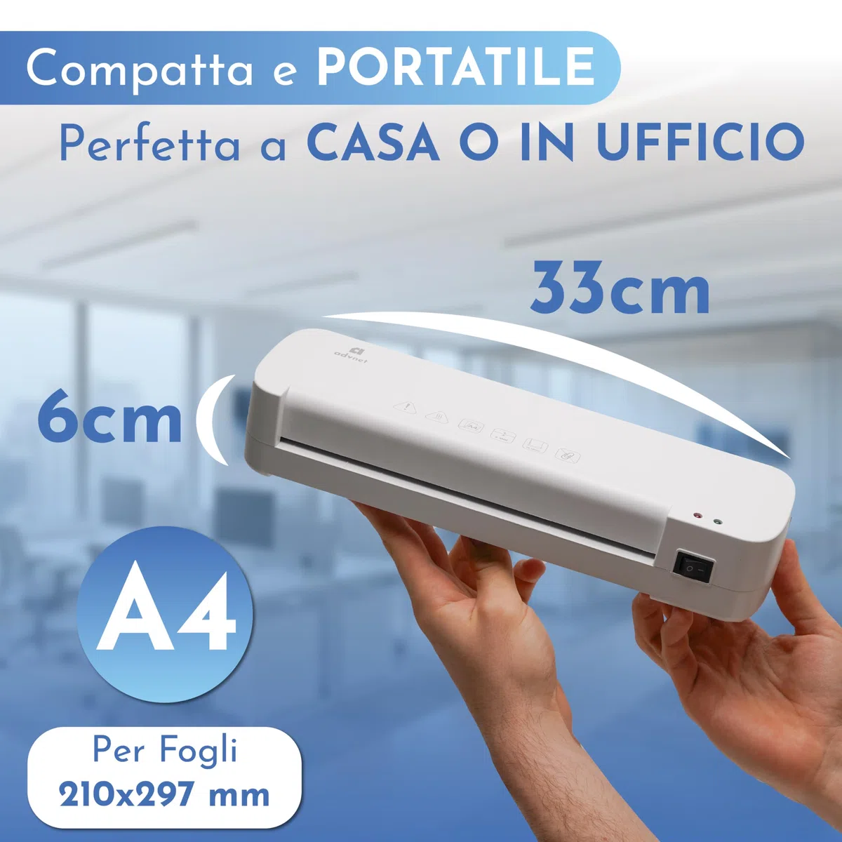 Plastificatrice A4 ADVNET 200W, Laminatrice Compatta con Doppio Rullo, Riscaldamento Rapido e Pouch 70–100 Micron, Ideale per Ufficio, Scuola e Casa