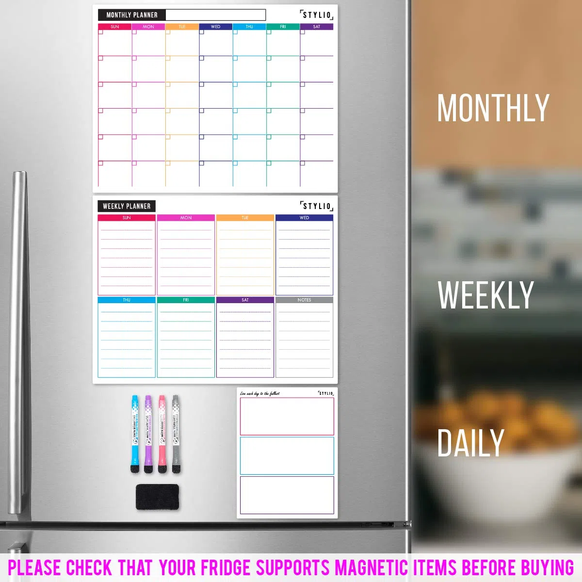 STYLIO 3-Set Lavagne Magnetiche Mensili e Settimanali con Calendario a Secco. Pennarelli e Gomma Inclusi. Planner, per Frigo