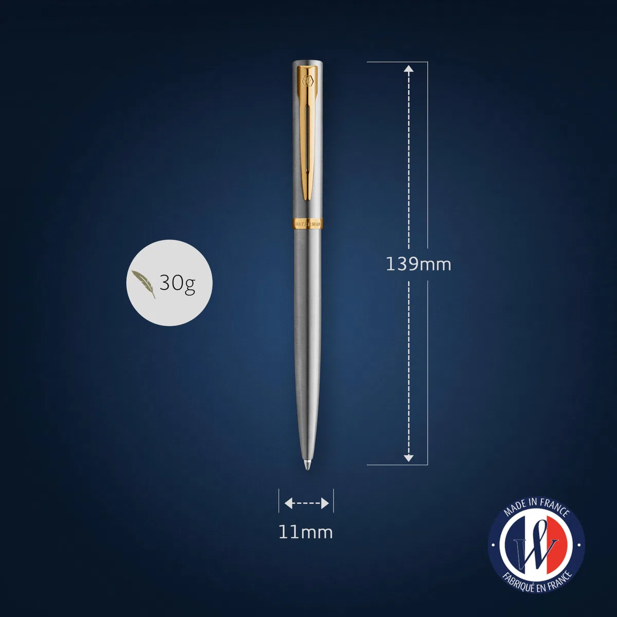 Waterman Impression Penna a sfera | Punta media con ricarica inchiostro blu | Acciaio inossidabile con finiture placcate in oro | Confezione regalo