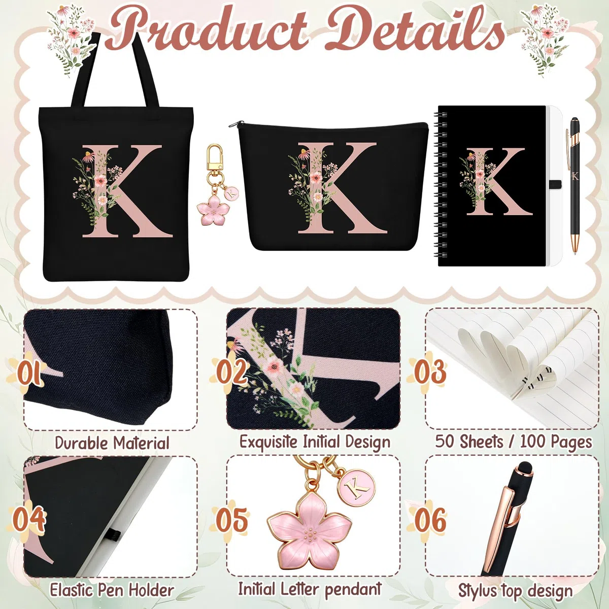 Hestya 5 Pezzi Regalo con Lettere Set Regalo Iniziale con Borsa Tote Pochette Portachiavi Taccuino e Penna Set Alfabeto per Donna, Compleanno, Natale
