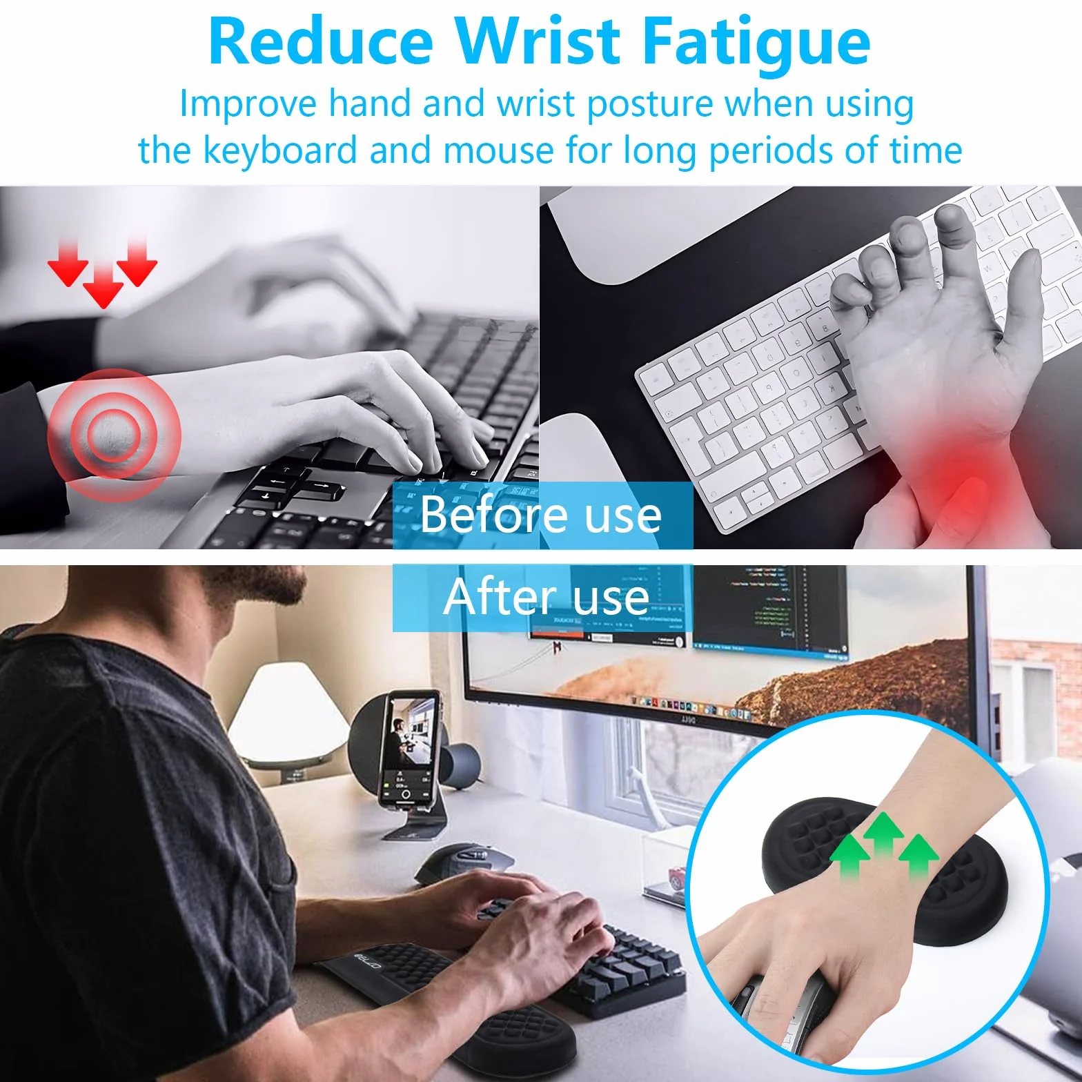 ELZO Poggiapolsi per Tastiera e Mouse con Memory Foam, Wrist Rest per Computer dal Design Ergonomico, Base in Gomma Antiscivolo per Laptop, Digitazione Facile e Allevia il Dolore al Polso
