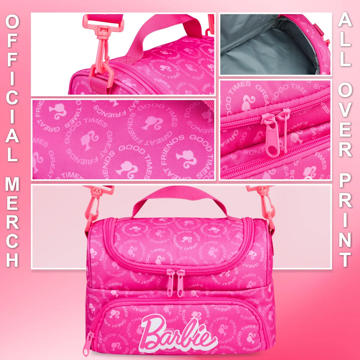 Get Trend Barbie Borsa Termica Porta Pranzo Bambini, Borsa Pranzo con 2 Scomparti Isolati Zip, Manico Robusto e Tracolla Regolabile e Rimovibile per Scuola e Gite, Idea Regali
