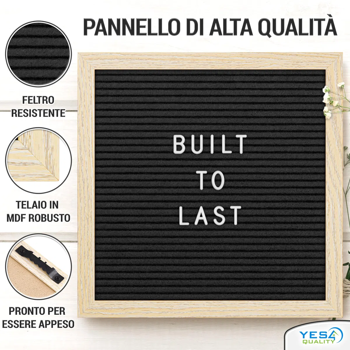 Lavagna per lettere in feltro - 25x25 cm, Nero - 170 lettere, numeri ed emoji per celebrazioni e annunci - Lavagna per messaggi personalizzabile con cornice in legno per la casa - di Yes4Quality