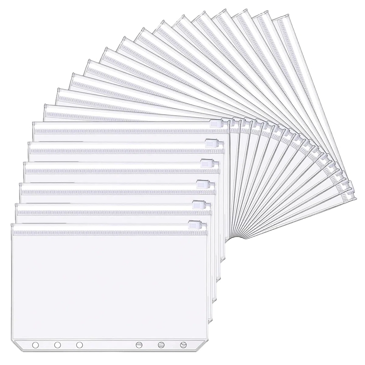 Buste Portadocumenti in Plastica,20 PCS Buste Trasparenti A5 con Cerniera 6 Fori Perforati Universali Bustes in PVC Senza Odore per Money Binder Agenda Risparmio Soldi Cash Stuffing