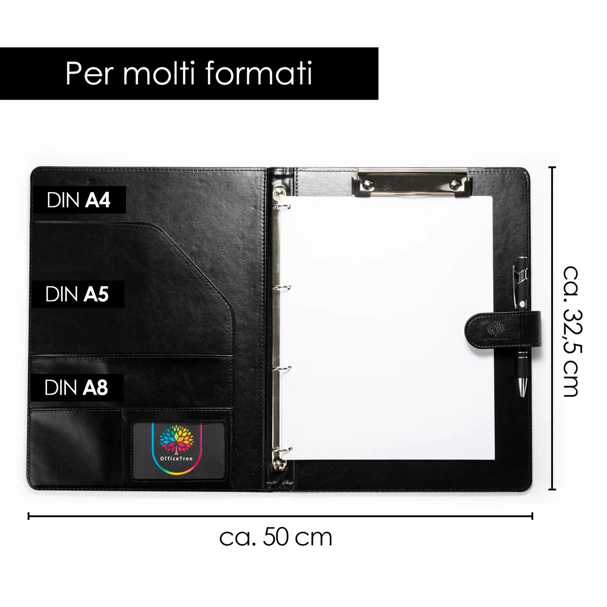 OfficeTree Cartellina portablocco A4 con copertina – Set di scrittura pieghevole – Raccoglitore ad anelli con clip – blocco e penna a sfera