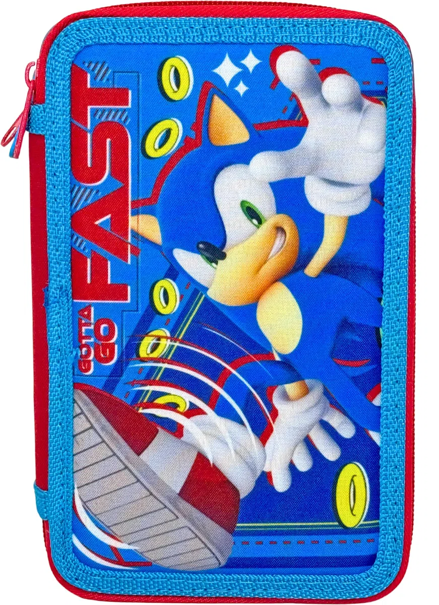 Clondo Astuccio 3 Scomparti Completo, Per Sonic Fan, 44 Pezzi Inclusi, Penne, Matite, Pennarelli, Pastelli, Forbici – Scuola Elementare e Regalo – Gadget Ufficiale Per Bambino