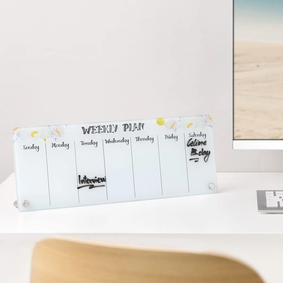 Navaris Planner Settimanale Scrivania - Weekly Planner con Pennarello Cancellabile a Secco - Planning Settimanale da Tavolo - Agenda da Tavolo Fiori