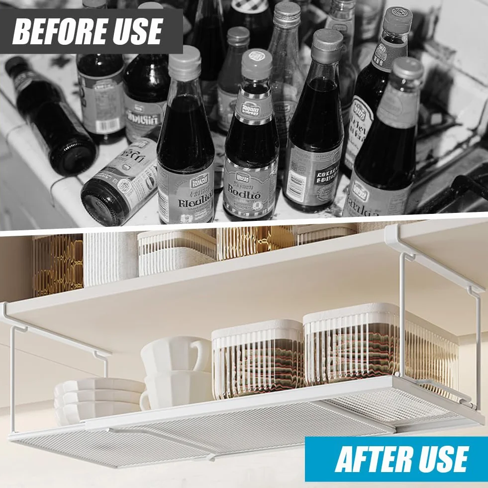 Cesto sospeso in metallo con regolabile da 38 a 70 cm, estraibile sotto scaffale, per armadio da cucina, dispensa e armadi (bianco)