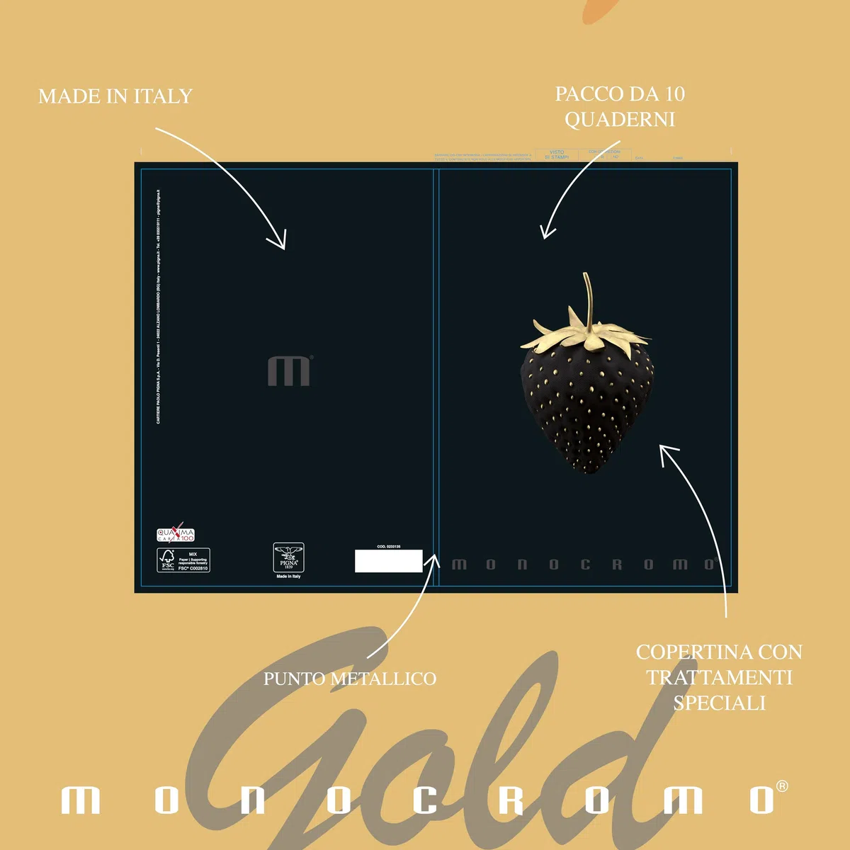 Pigna, Maxi Quaderno Monocromo Gold, A4, carta interna 100 g/m², pagine 72 + risguardo, interno 0Q, quadretti 5 mm. con margine, Soggetti Assortiti, Confezione da 10