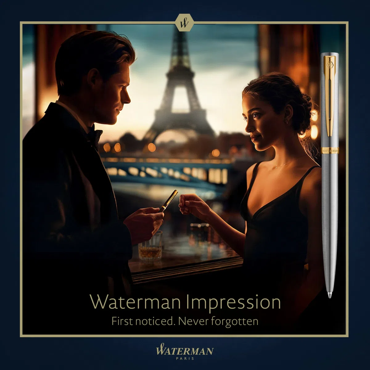 Waterman Impression Penna a sfera | Punta media con ricarica inchiostro blu | Acciaio inossidabile con finiture placcate in oro | Confezione regalo