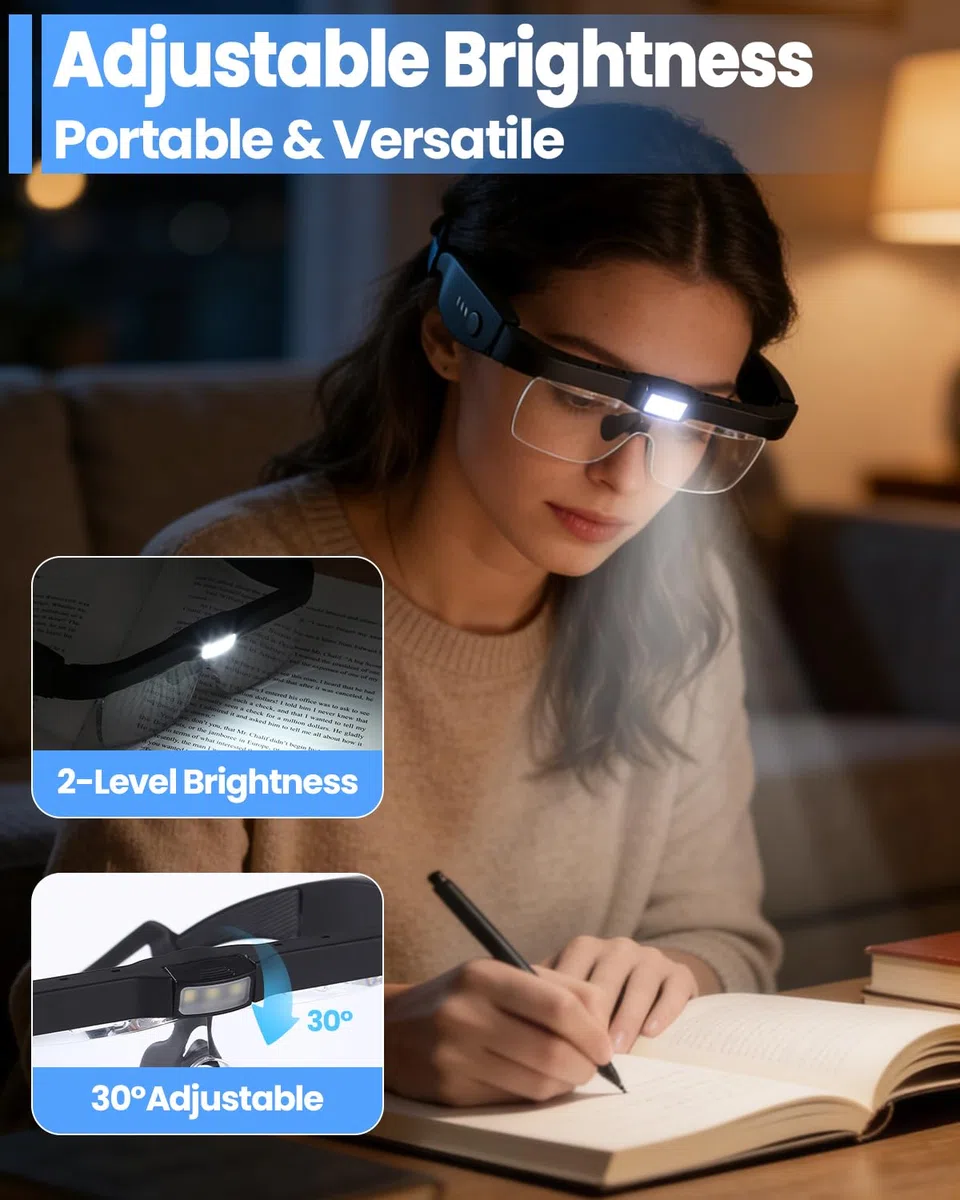 Occhiali con lente d'ingrandimento con luce, lenti di ingrandimento con 3 luci a LED e 2 luminosità regolabile, adatti per occhiali da vista per portatori di occhiali, lente d'ingrandimento con 5