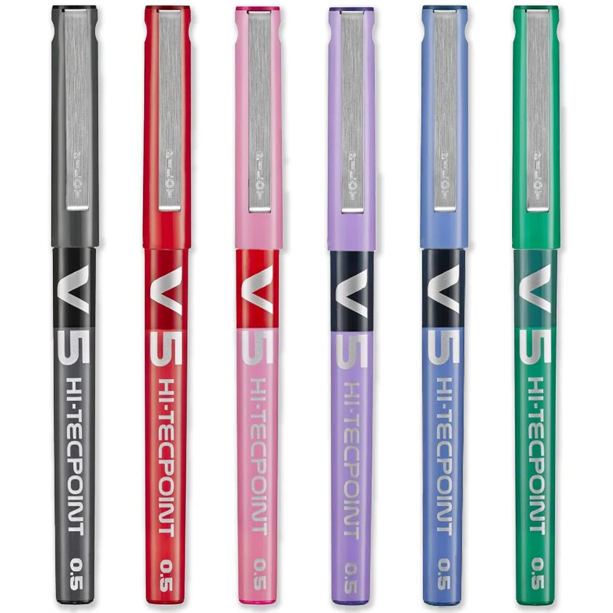 PILOT V5 Hi-Tecpoint - Penna a sfera con punta fine da 0,5 mm, spessore tratto 0,3 mm, confezione da 6, colori: nero, blu, rosso, verde, viola e rosa