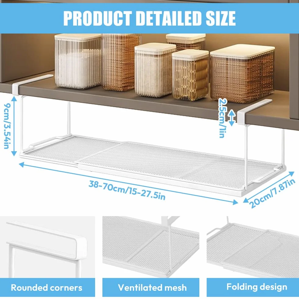 Cesto sospeso in metallo con regolabile da 38 a 70 cm, estraibile sotto scaffale, per armadio da cucina, dispensa e armadi (bianco)
