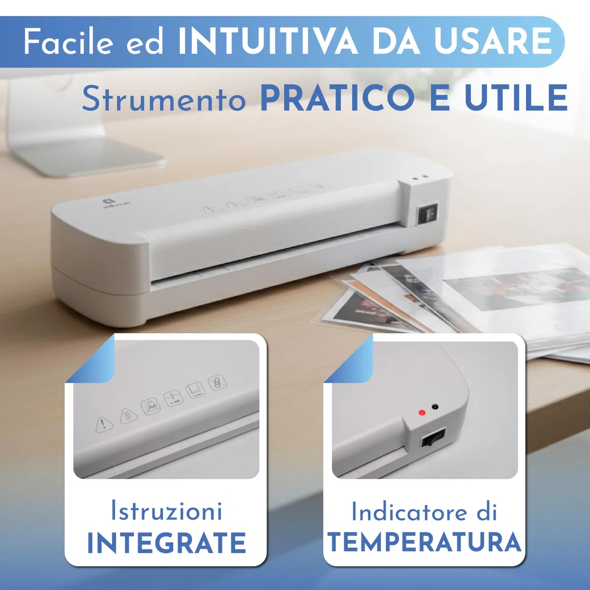 Plastificatrice A4 ADVNET 200W, Laminatrice Compatta con Doppio Rullo, Riscaldamento Rapido e Pouch 70–100 Micron, Ideale per Ufficio, Scuola e Casa