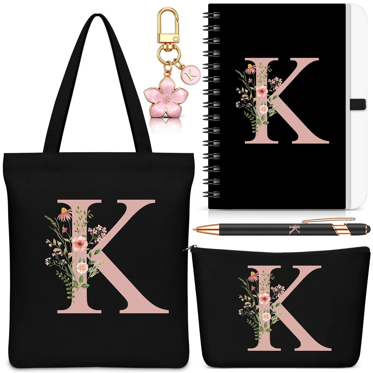 Hestya 5 Pezzi Regalo con Lettere Set Regalo Iniziale con Borsa Tote Pochette Portachiavi Taccuino e Penna Set Alfabeto per Donna, Compleanno, Natale