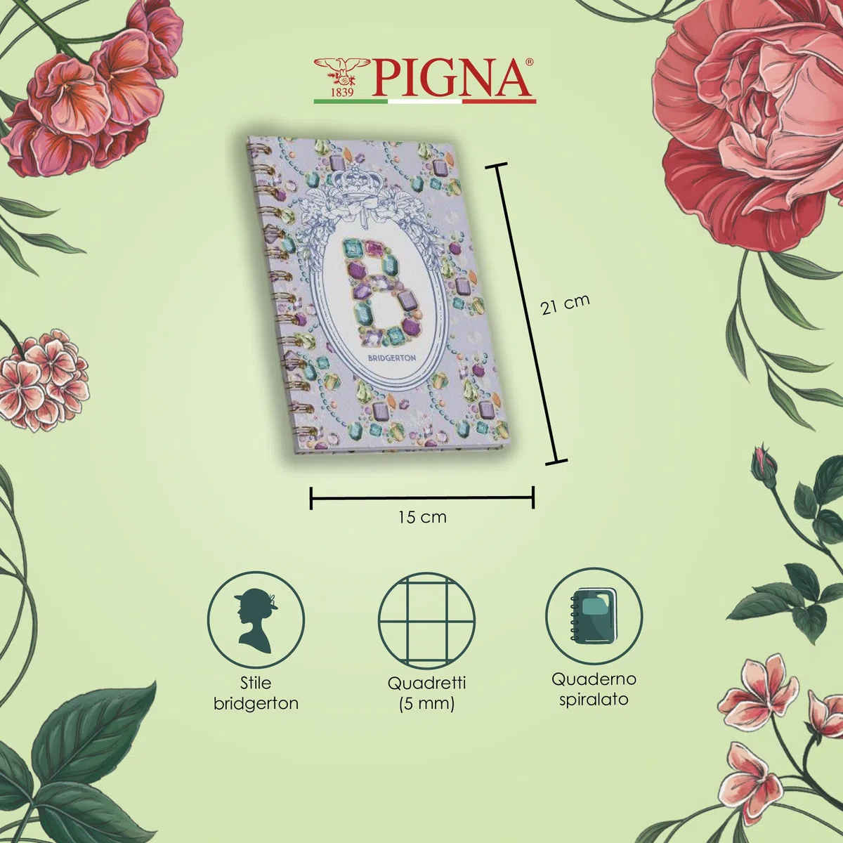 Pigna x Bridgerton,Confezione da 4 Maxi Quaderni spiralati,alta fogliazione,interno 5M,quadretto 5mm