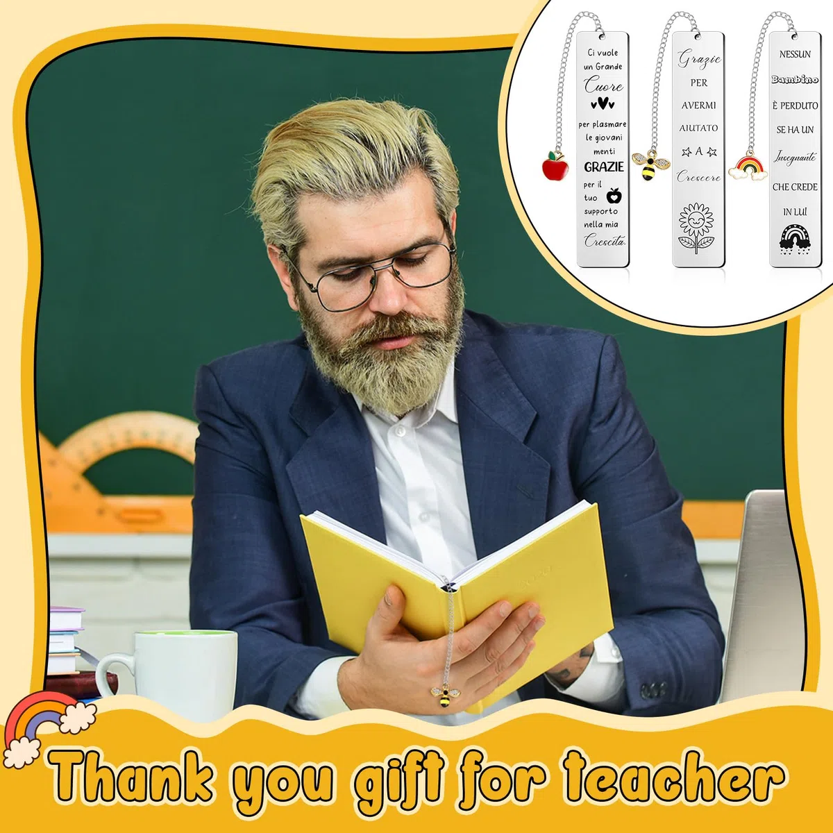3 Portachiavi Maestra Scuola 3 Segnalibro Maestra Insegnate in Acciaio Inossidabile Regalo Maestre Fine Anno Regalo di Ringraziamento per Tutore per Scuola Elementare