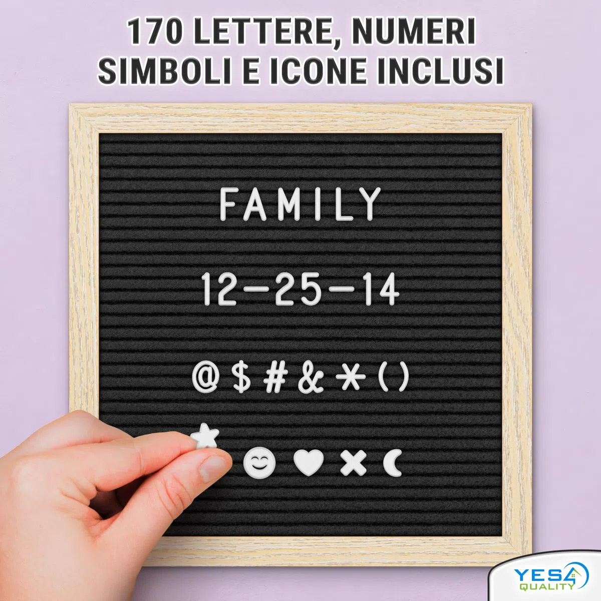 Lavagna per lettere in feltro - 25x25 cm, Nero - 170 lettere, numeri ed emoji per celebrazioni e annunci - Lavagna per messaggi personalizzabile con cornice in legno per la casa - di Yes4Quality