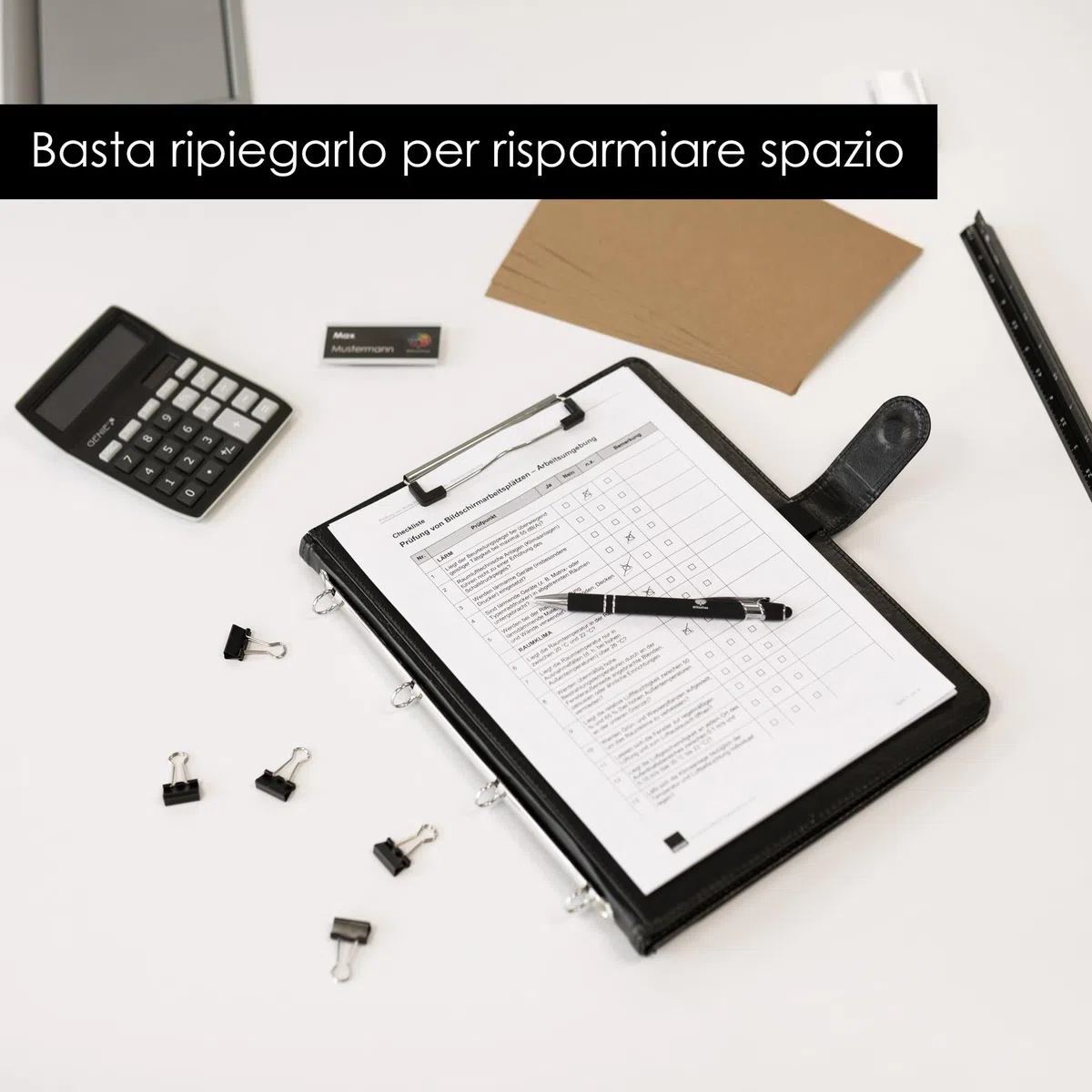 OfficeTree Cartellina portablocco A4 con copertina – Set di scrittura pieghevole – Raccoglitore ad anelli con clip – blocco e penna a sfera