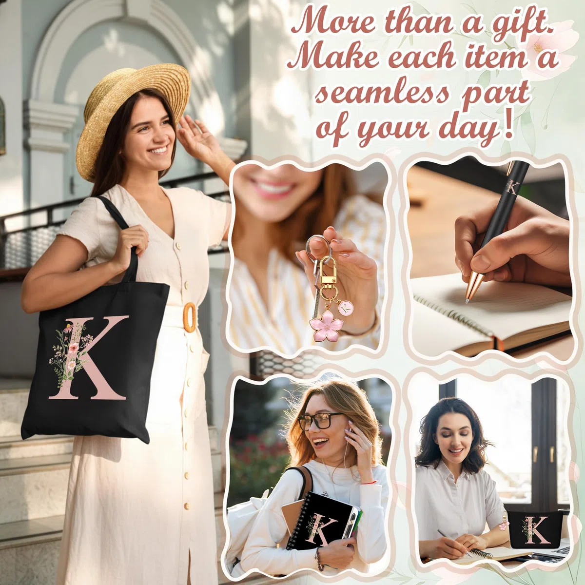 Hestya 5 Pezzi Regalo con Lettere Set Regalo Iniziale con Borsa Tote Pochette Portachiavi Taccuino e Penna Set Alfabeto per Donna, Compleanno, Natale