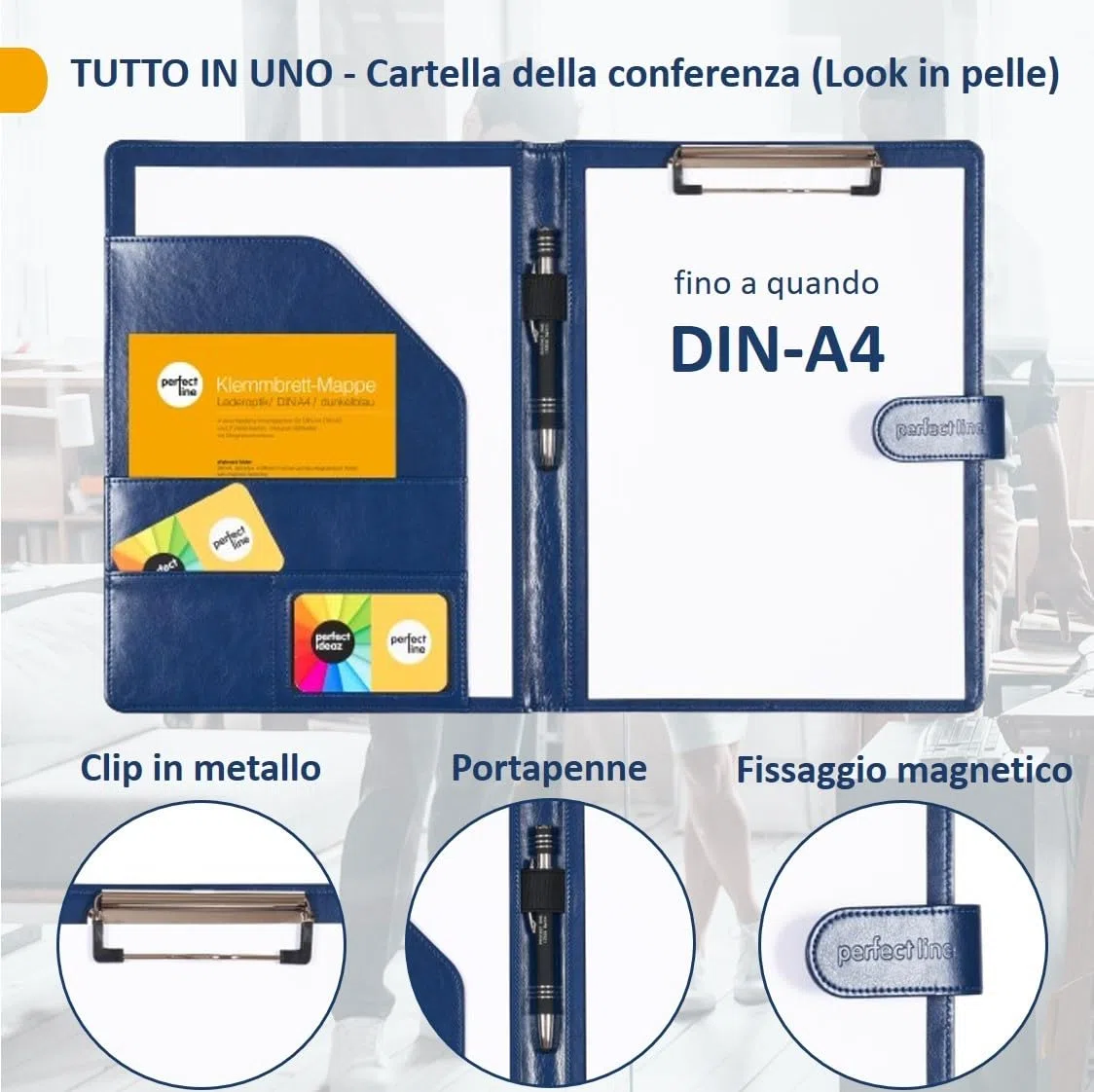 perfect line Cartellina portadocumenti DIN A4 con chiusura magnetica, in ecopelle resistente con elegante effetto pelle, cartellina per business di alta qualità (1 cartella, blu)