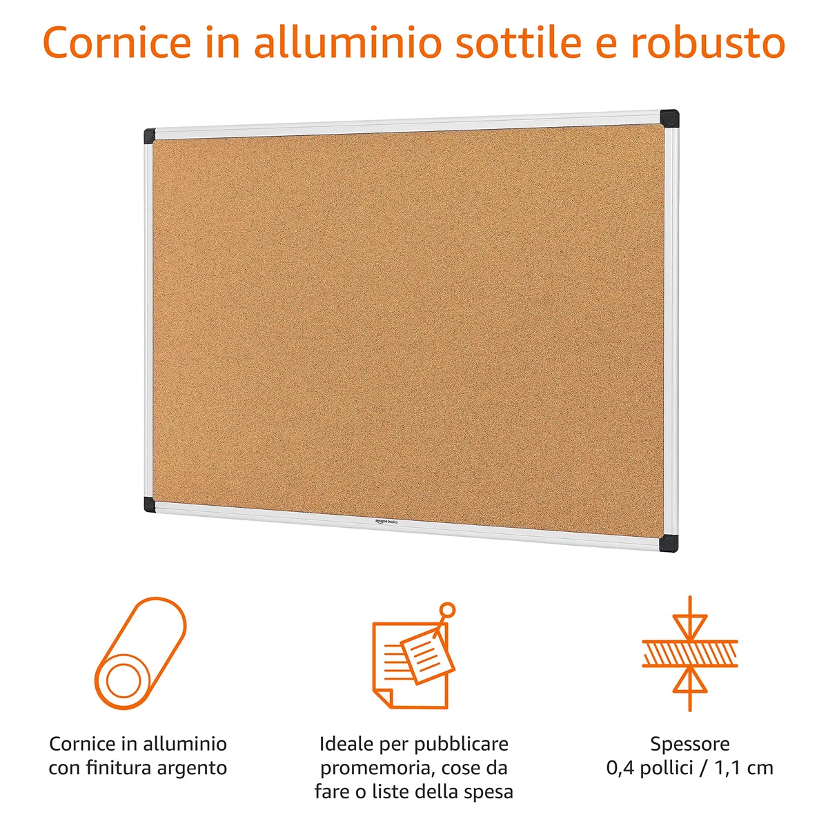 Amazon Basics Rettangolare Bacheca in sughero, con cornice in alluminio, Argento, 90 x 60 cm