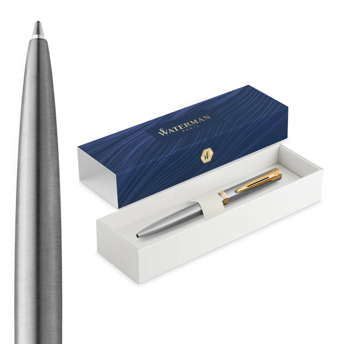Waterman Impression Penna a sfera | Punta media con ricarica inchiostro blu | Acciaio inossidabile con finiture placcate in oro | Confezione regalo