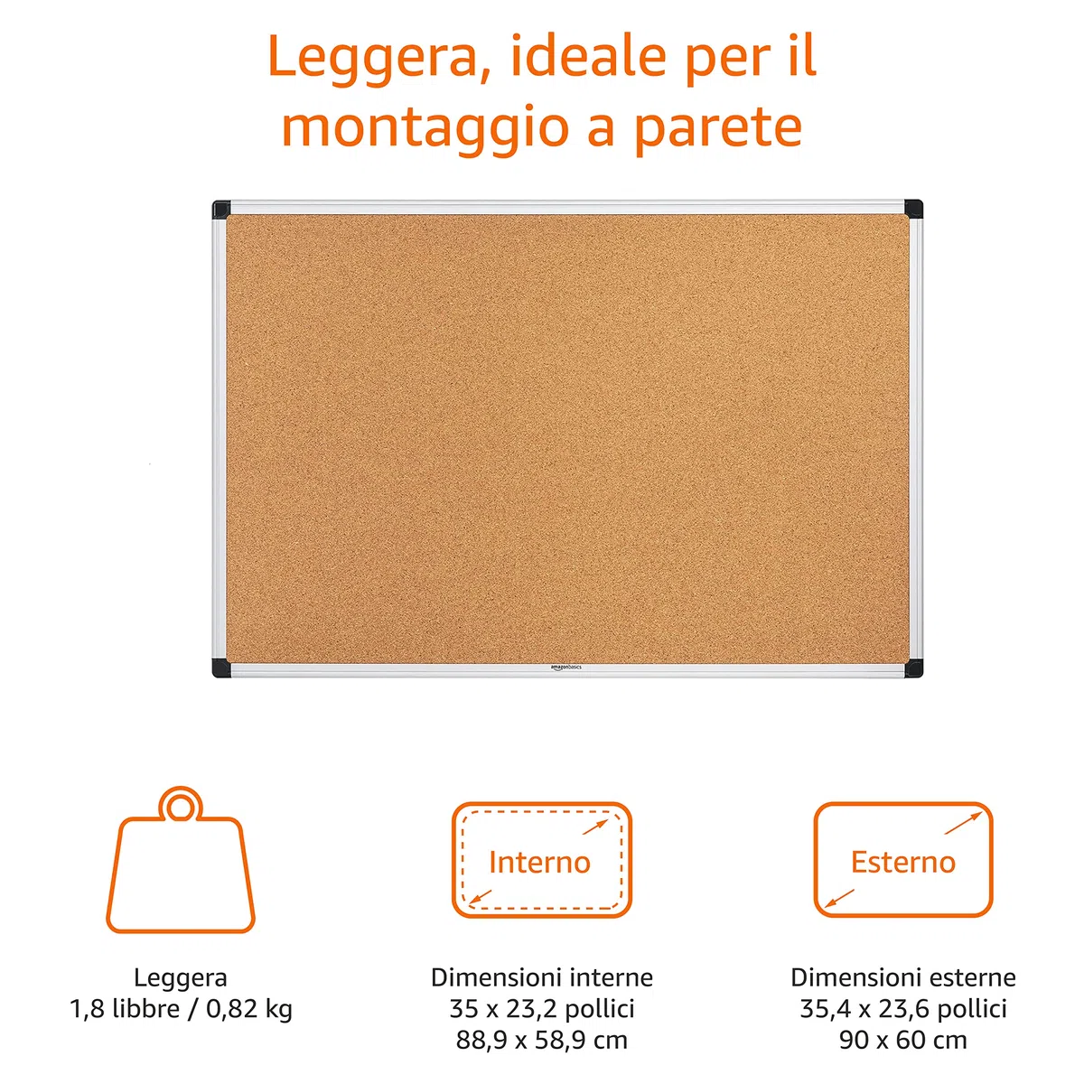 Amazon Basics Rettangolare Bacheca in sughero, con cornice in alluminio, Argento, 90 x 60 cm