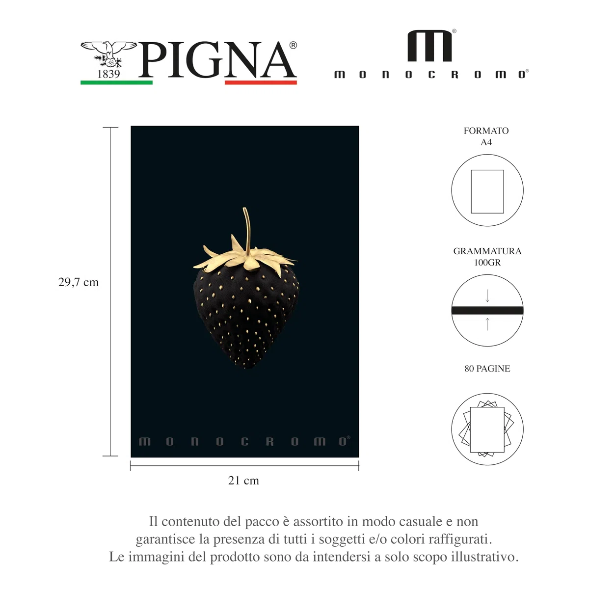 Pigna, Maxi Quaderno Monocromo Gold, A4, carta interna 100 g/m², pagine 72 + risguardo, interno 0Q, quadretti 5 mm. con margine, Soggetti Assortiti, Confezione da 10