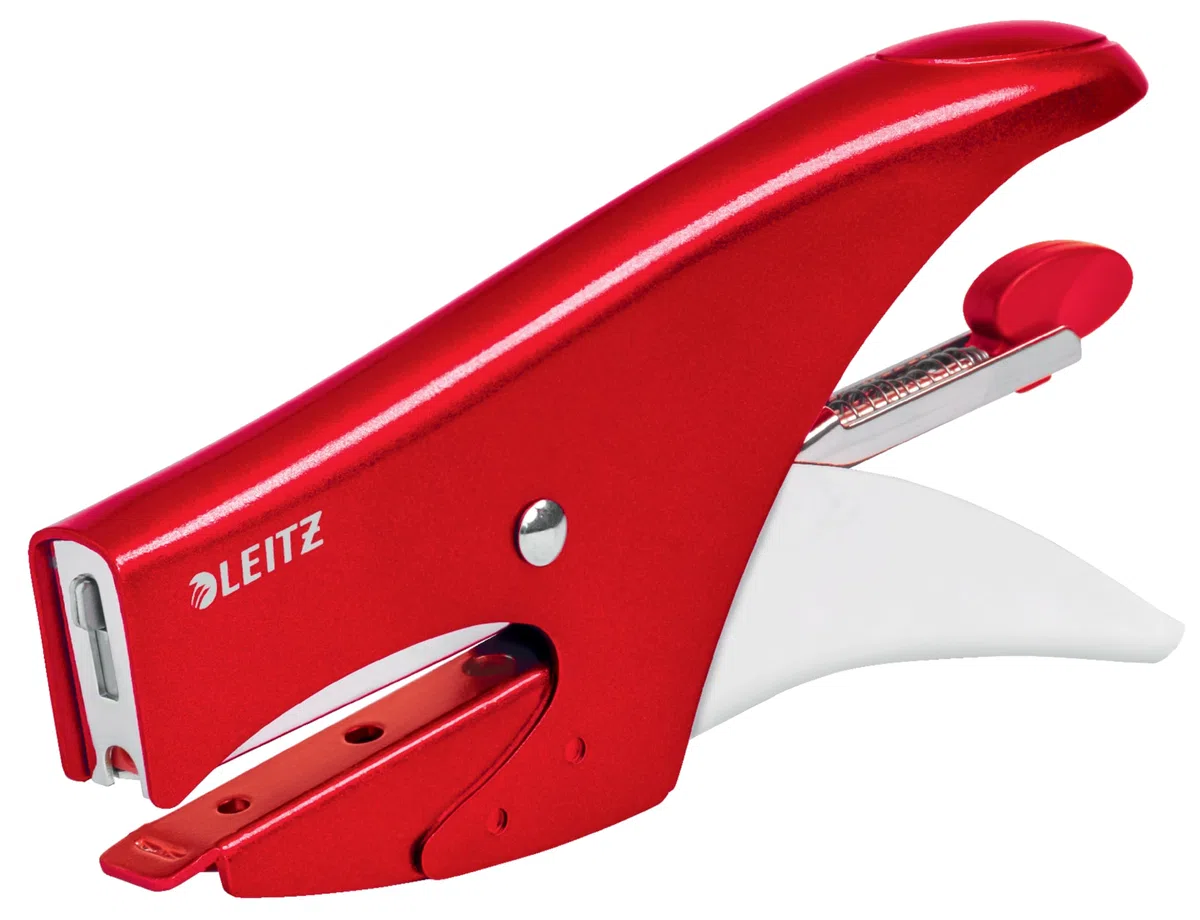Leitz WOW, Cucitrice a pinza capacità fino a 15 fogli, Cucitrice in metallo ergonomica, Caricamento posteriore, Compatibile con punti P1 n.8, Rosso, 55472026