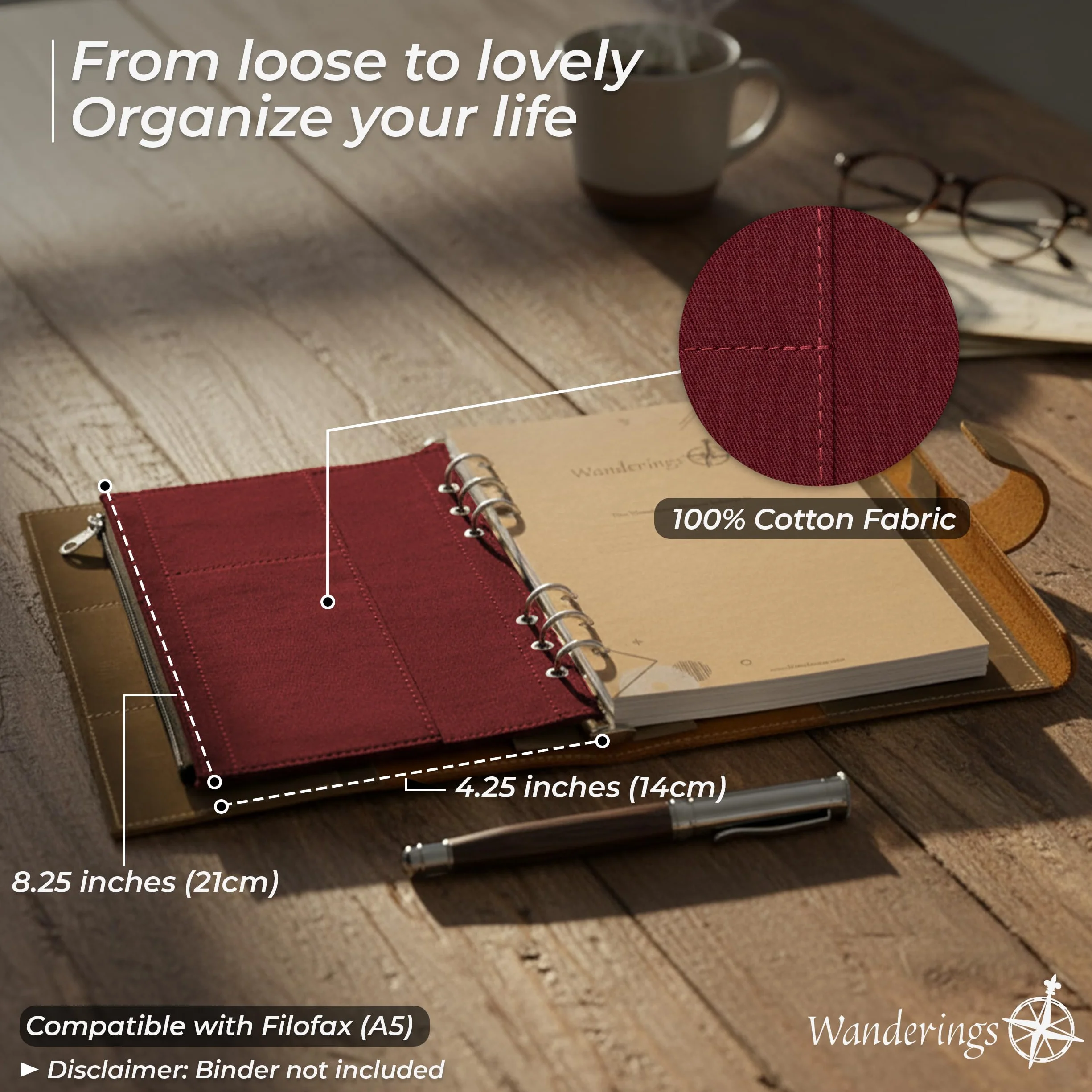 Wanderings Custodia con Cerniera per Raccoglitore A5 a 6 Anelli - 21x14 cm / 8,25" x 4,25" (Custodia A5) - Astuccio Accessori per Planner Ricaricabili - Compatibile con Filofax