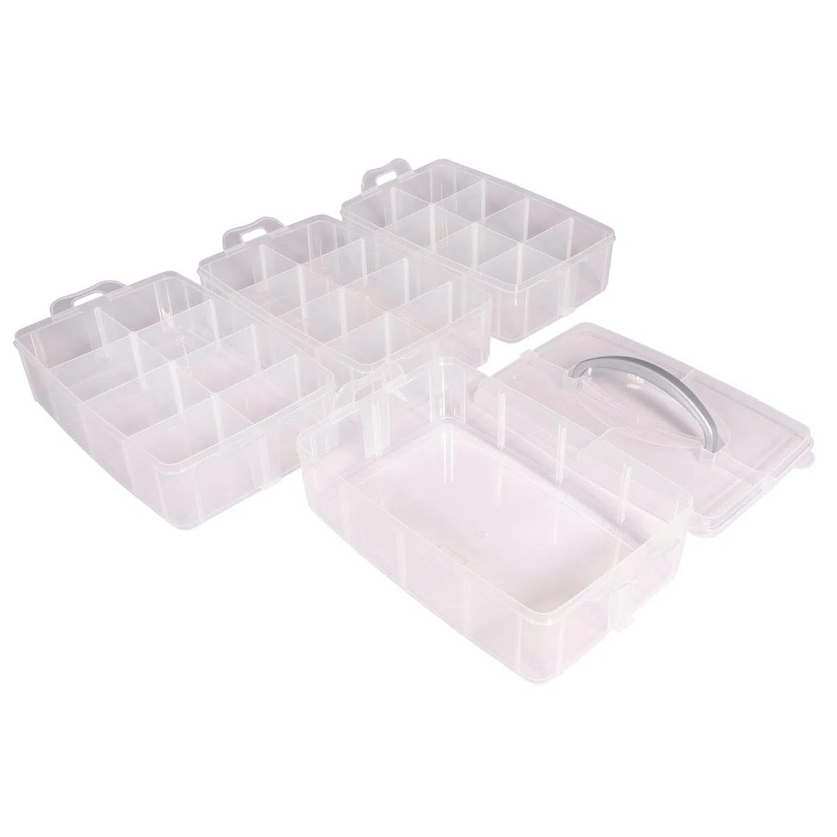 Rayher box di conservazione, box assortimento con manico, 4 ripiani, 23,1 x 15,6 cm, altezza 24,7 cm, plastica, trasparente, ideale per miniature, giocattoli, attrezzi, accessori da cucito
