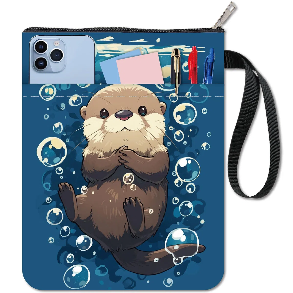 CRASPIRE Custodia per Libri Otters Protezione per Libri con Animali Marini Copertine per Libri Blu per Libri Tascabili Copertina per Libri In Tessuto Lavabile con Cerniera e Tasca Extra Sulla Manica