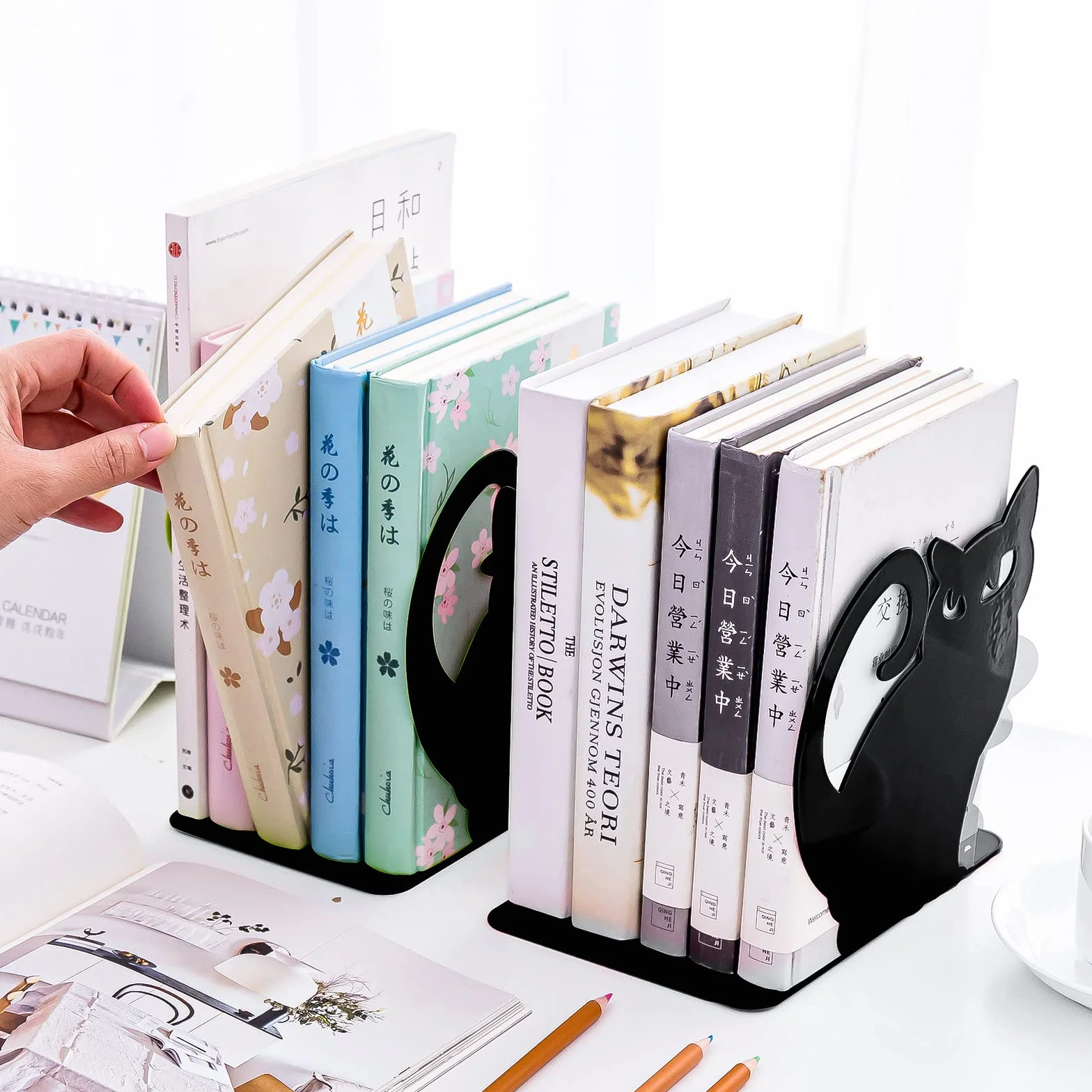 2 Paia Fermalibri in Metallo Nero Reggilibri Gatto Reggi Libri Antiscivolo per Libreria DVD, scaffale, ufficio, biblioteca, casa e scuola
