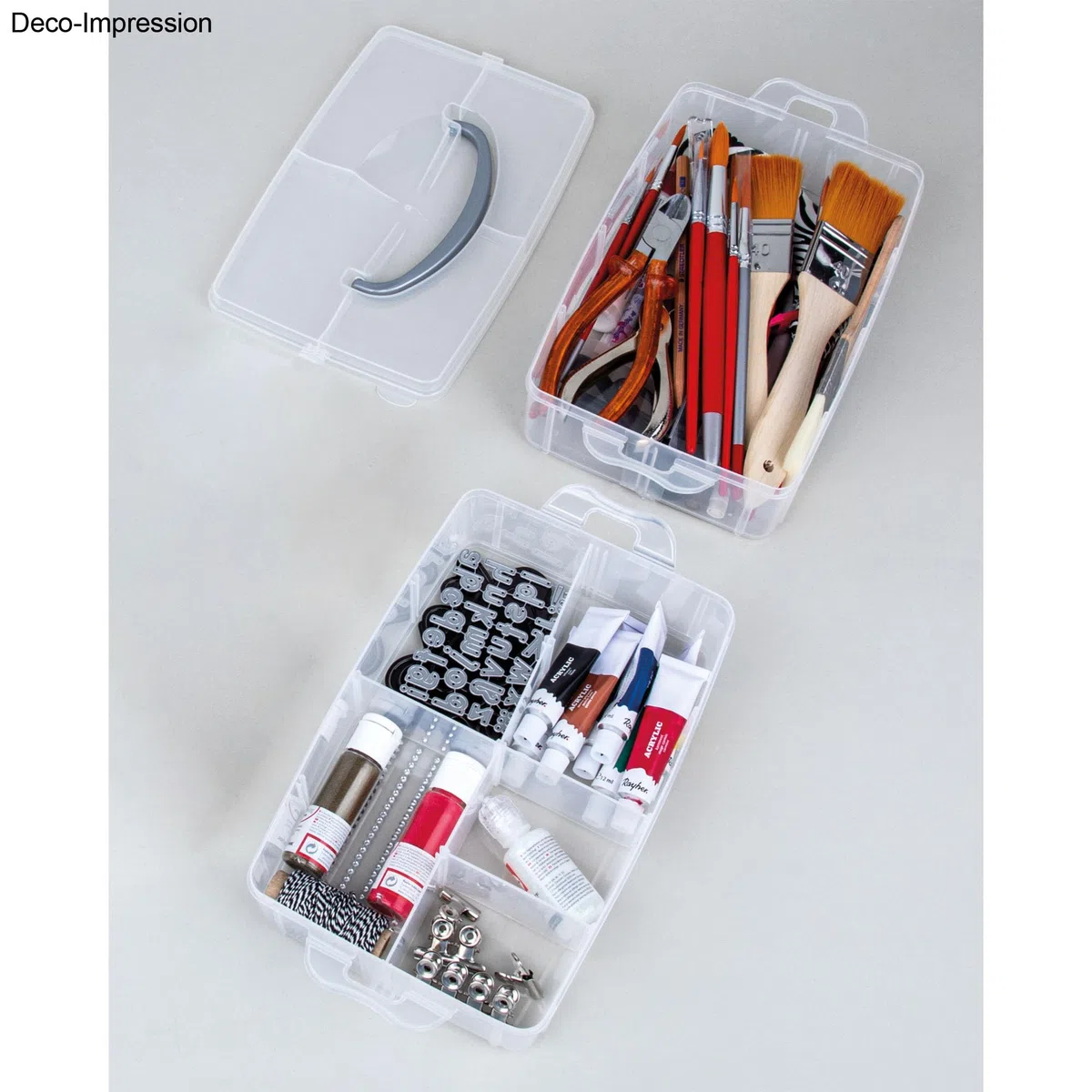 Rayher box di conservazione, box assortimento con manico, 4 ripiani, 23,1 x 15,6 cm, altezza 24,7 cm, plastica, trasparente, ideale per miniature, giocattoli, attrezzi, accessori da cucito