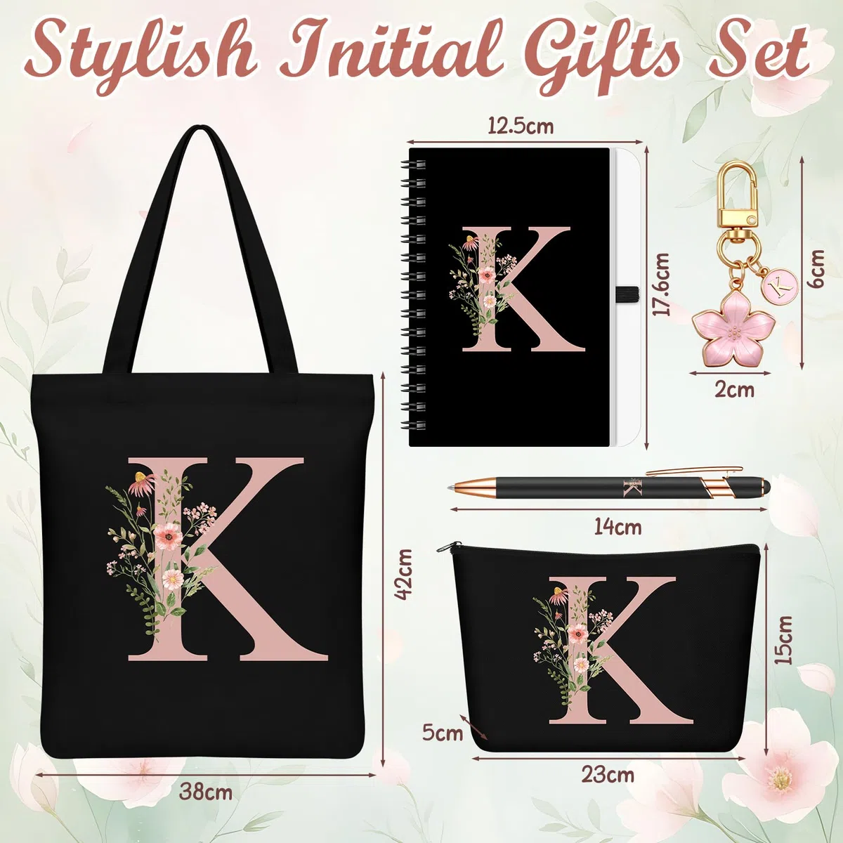 Hestya 5 Pezzi Regalo con Lettere Set Regalo Iniziale con Borsa Tote Pochette Portachiavi Taccuino e Penna Set Alfabeto per Donna, Compleanno, Natale