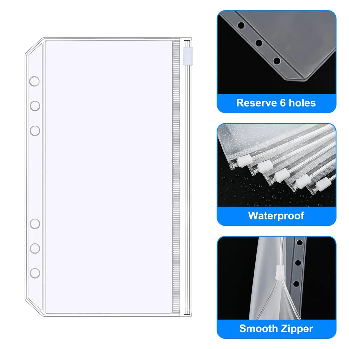 Buste Portadocumenti in Plastica,20 PCS Buste Trasparenti A5 con Cerniera 6 Fori Perforati Universali Bustes in PVC Senza Odore per Money Binder Agenda Risparmio Soldi Cash Stuffing