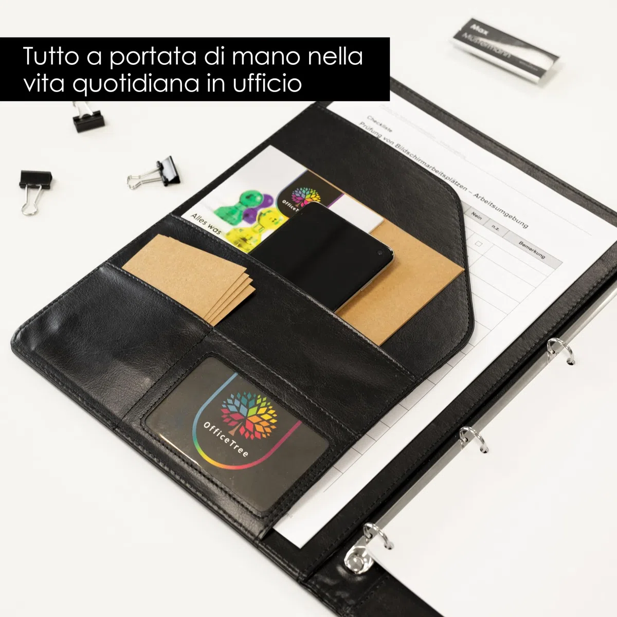 OfficeTree Cartellina portablocco A4 con copertina – Set di scrittura pieghevole – Raccoglitore ad anelli con clip – blocco e penna a sfera