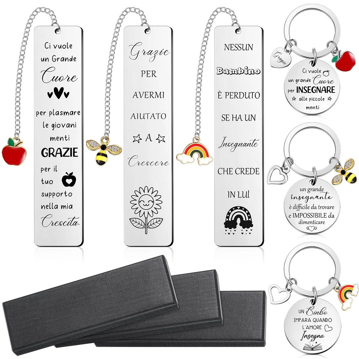 3 Portachiavi Maestra Scuola 3 Segnalibro Maestra Insegnate in Acciaio Inossidabile Regalo Maestre Fine Anno Regalo di Ringraziamento per Tutore per Scuola Elementare
