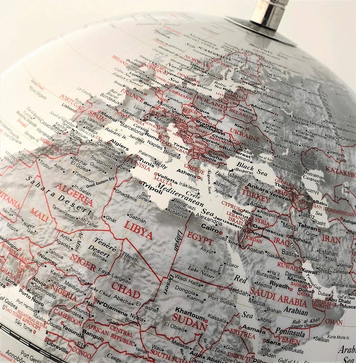 EXERZ 30CM Mappamondo/Globo Argento Metallizzato in Inglese - con una base in acciaio inossidabile - confezionato in scatola premier Kraft, Perfetto come Regalo (Diametro: 30CM)