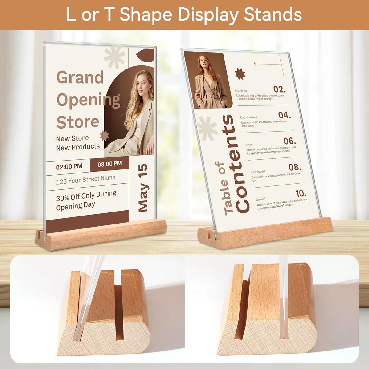 2 espositori da tavolo A4, formato A4, in acrilico, con base in legno, per foto, caffè, ristoranti, esposizioni, uffici, promozioni (forma & T – 2 opzioni)
