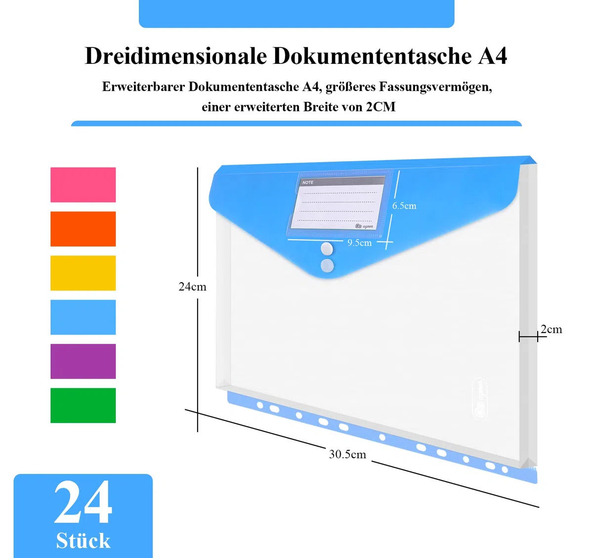 Agoer 24 Cartelle Portadocumenti A4 Espandibili, 6 Colori, 30.5 x 24 x 2 cm, 2 Tasche, 270 Fogli, 2 Bottoni, Tasca per Etichette, 11 Fori per Rilegatura