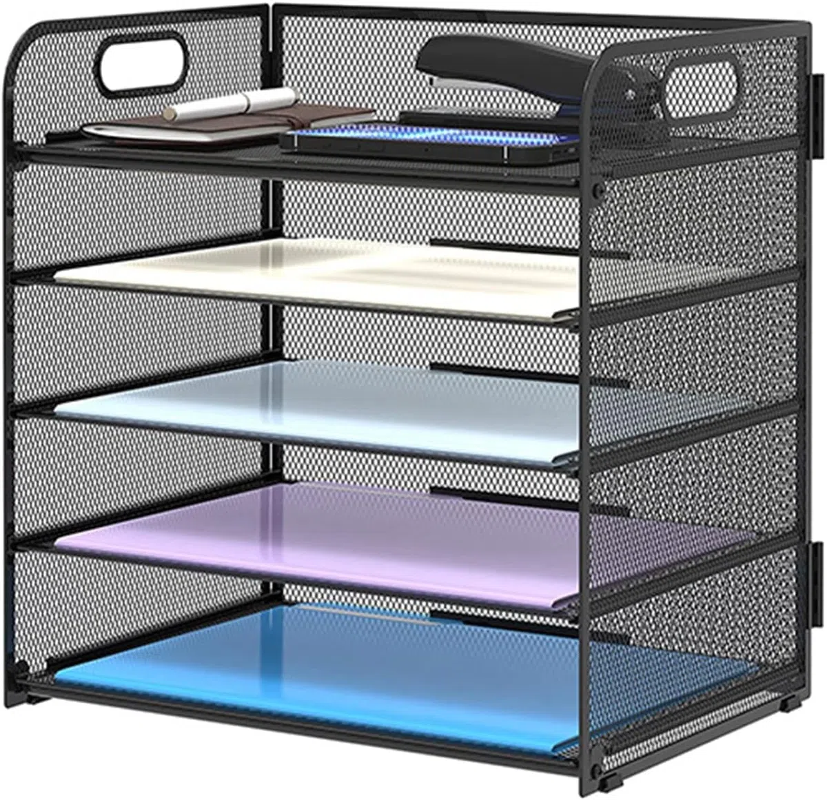 SOONHUA Organizer Scrivania a 5 Ripiani, Vaschette Portadocumenti in Rete Metallica con Vassoi Scorrevoli e Maniglie, Porta Documenti A4 per Ufficio e Casa, Bianco, 32x23x34 cm