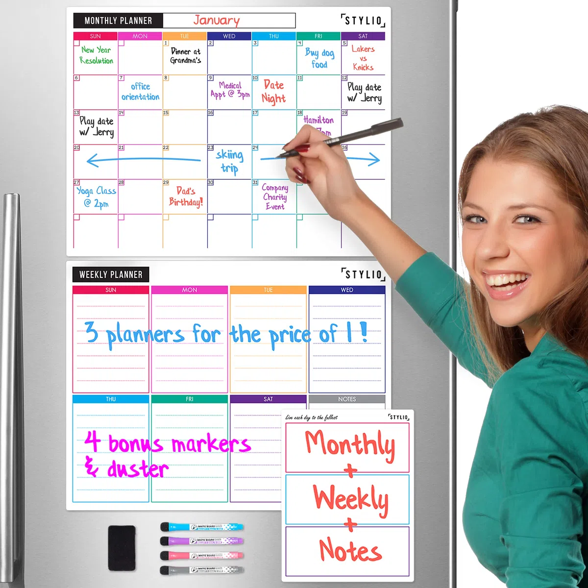 STYLIO 3-Set Lavagne Magnetiche Mensili e Settimanali con Calendario a Secco. Pennarelli e Gomma Inclusi. Planner, per Frigo