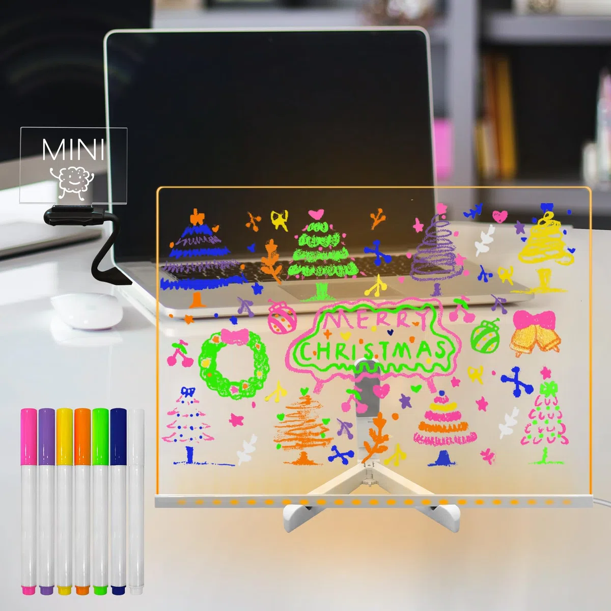 Lavagna cancellabile a secco in acrilico con supporto luminoso, 30 x 40 CM lavagna luminosa per appunti, pennarello a 7 colori, memo per menu, disegno, luce calda a LED per casa, scuola,