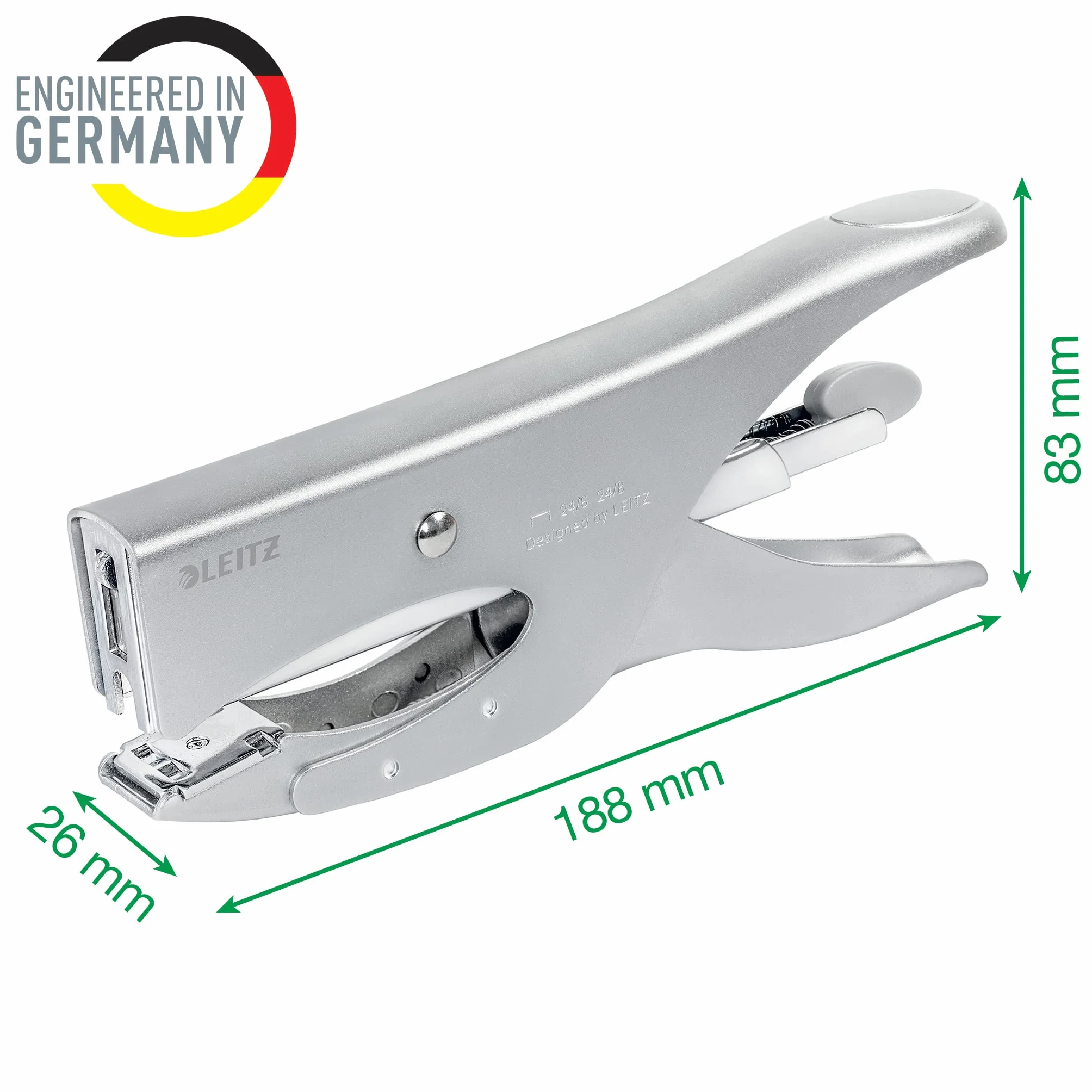 Leitz Cucitrice a Pinza, Capacità fino a 40 Fogli, Argento, Design Ergonomico in Metallo, Caricamento Posteriore, Per l'uso con Punti P3 (24/6, 26/6) o P4 (24/8), 55490081
