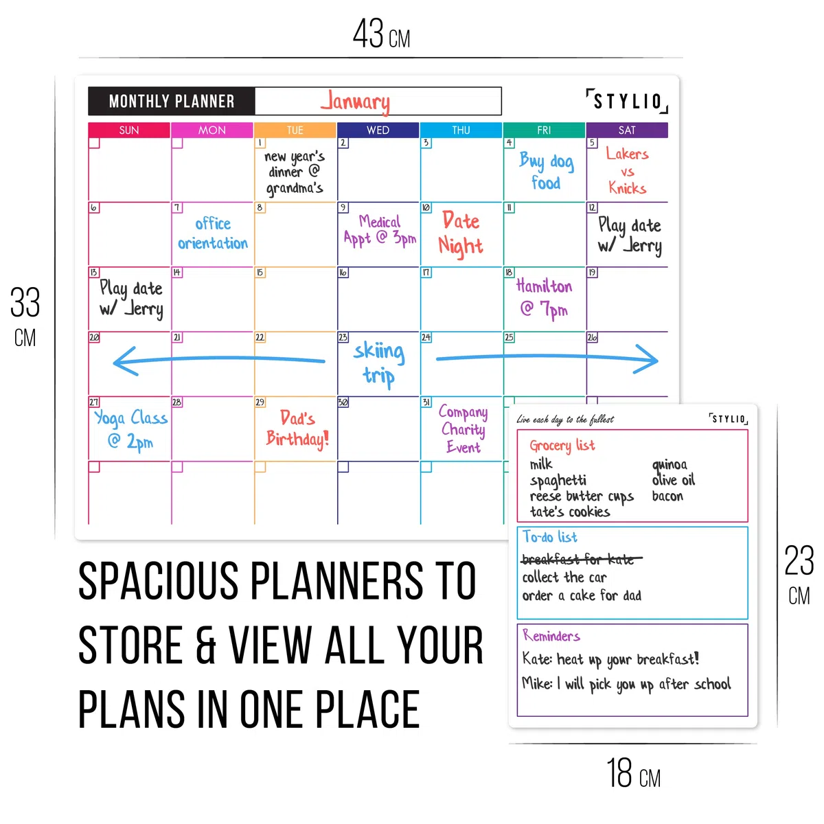 STYLIO 3-Set Lavagne Magnetiche Mensili e Settimanali con Calendario a Secco. Pennarelli e Gomma Inclusi. Planner, per Frigo