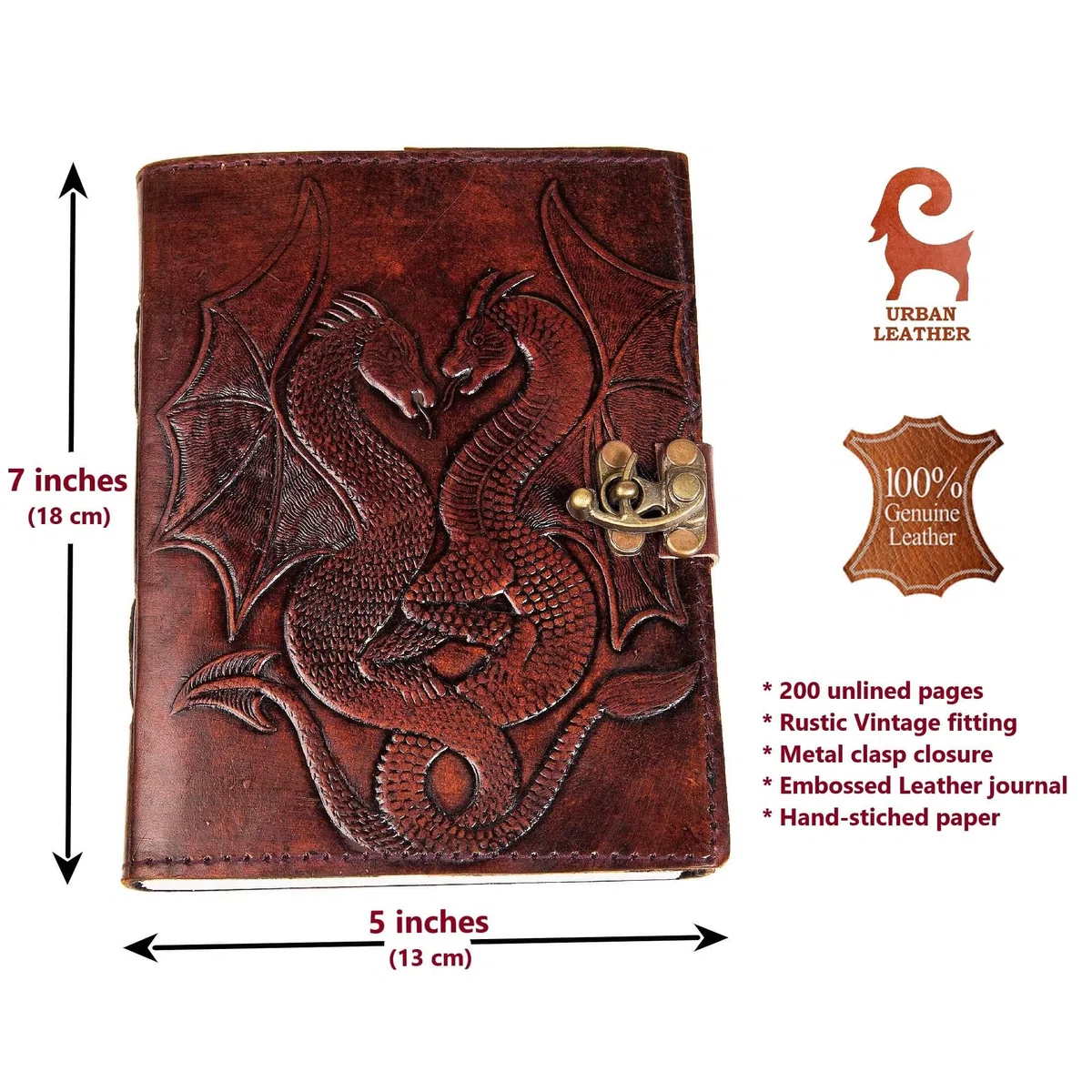 URBAN LEATHER – Taccuino in pelle vintage con stampa a rilievo di drago; ideale come sketchbook, album per ritagli o diario di viaggio. Regalo per uomo e donna, formato B6, pagine bianche.